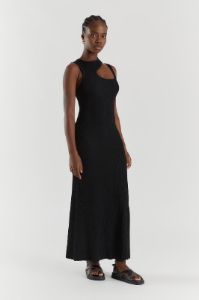 MADDOX BLACK KNIT ASYM MIDI DRESS sold by Dissh
