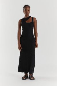 MADDOX BLACK KNIT ASYM MIDI DRESS sold by Dissh