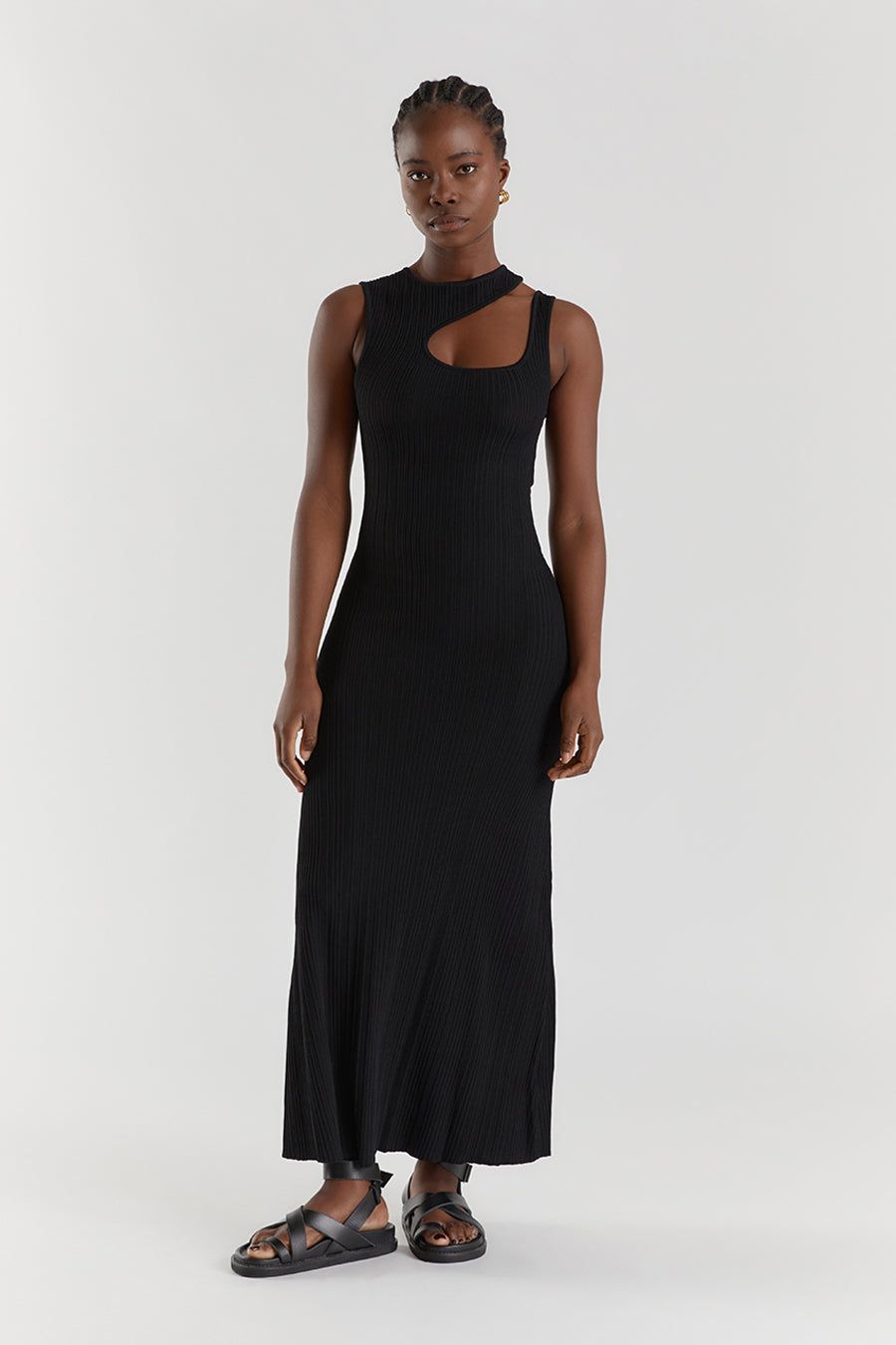 MADDOX BLACK KNIT ASYM MIDI DRESS sold by Dissh