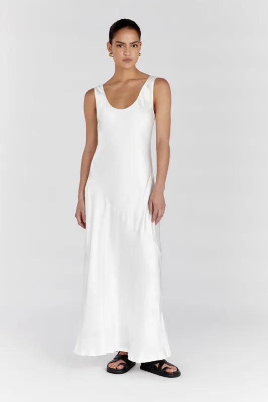 LEA SATIN WHITE SCOOP MAXI DRESS sold by Dissh