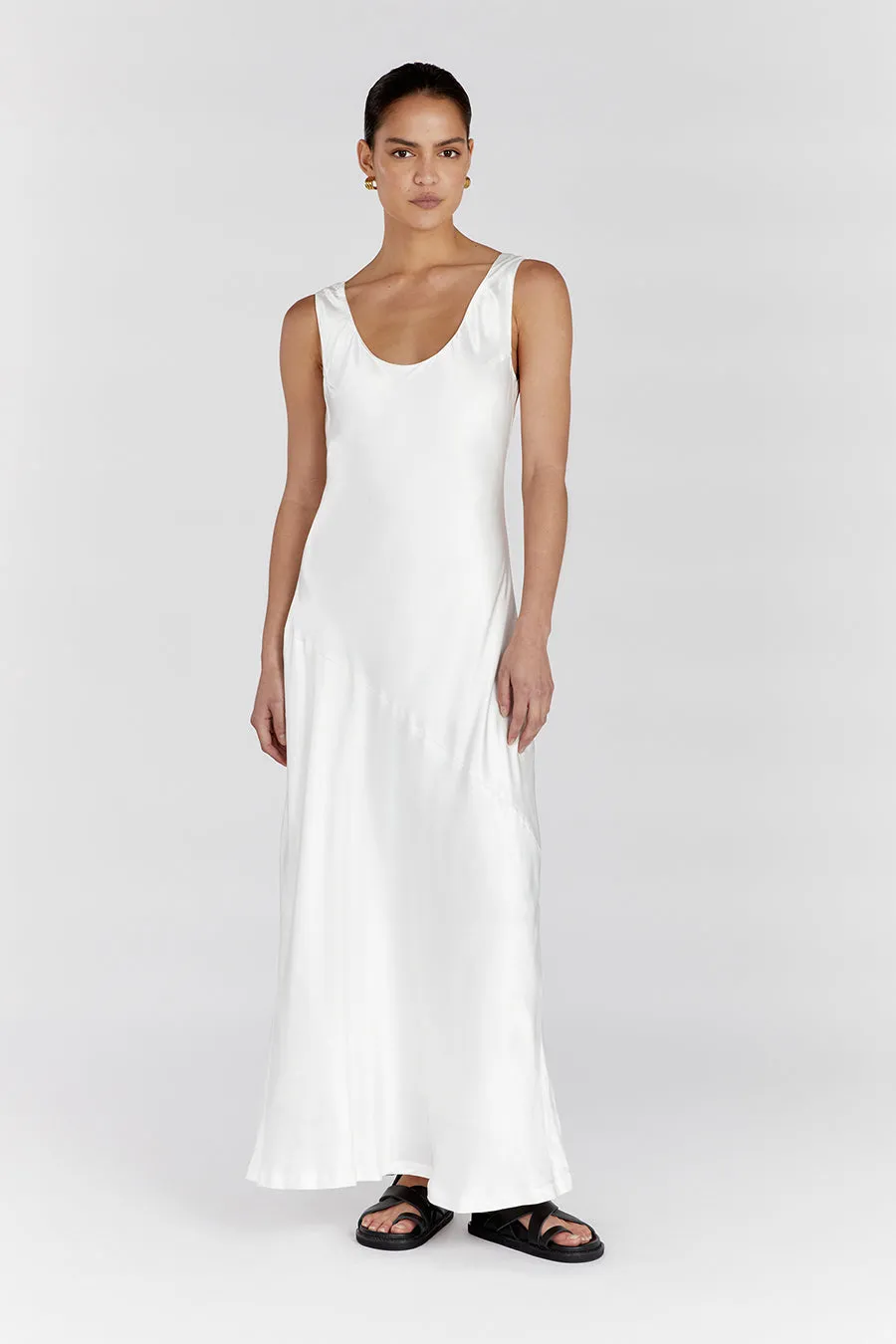 LEA SATIN WHITE SCOOP MAXI DRESS sold by Dissh