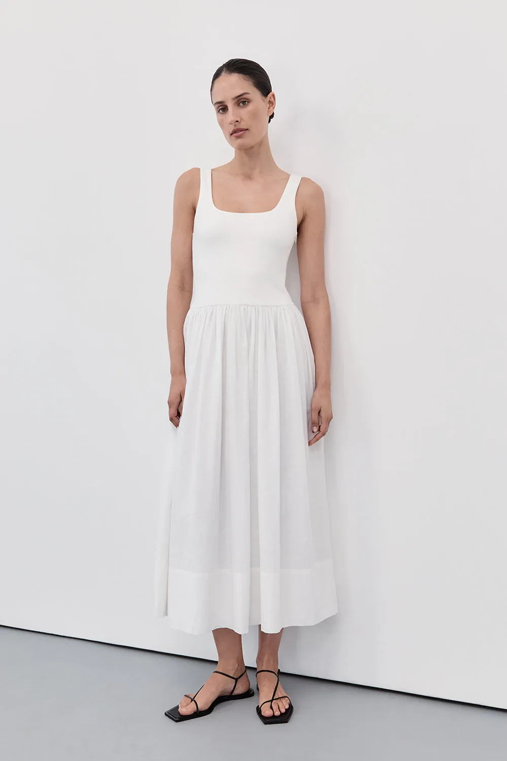 MON WHITE SCOOP NECK MIDI DRESS sold by Dissh