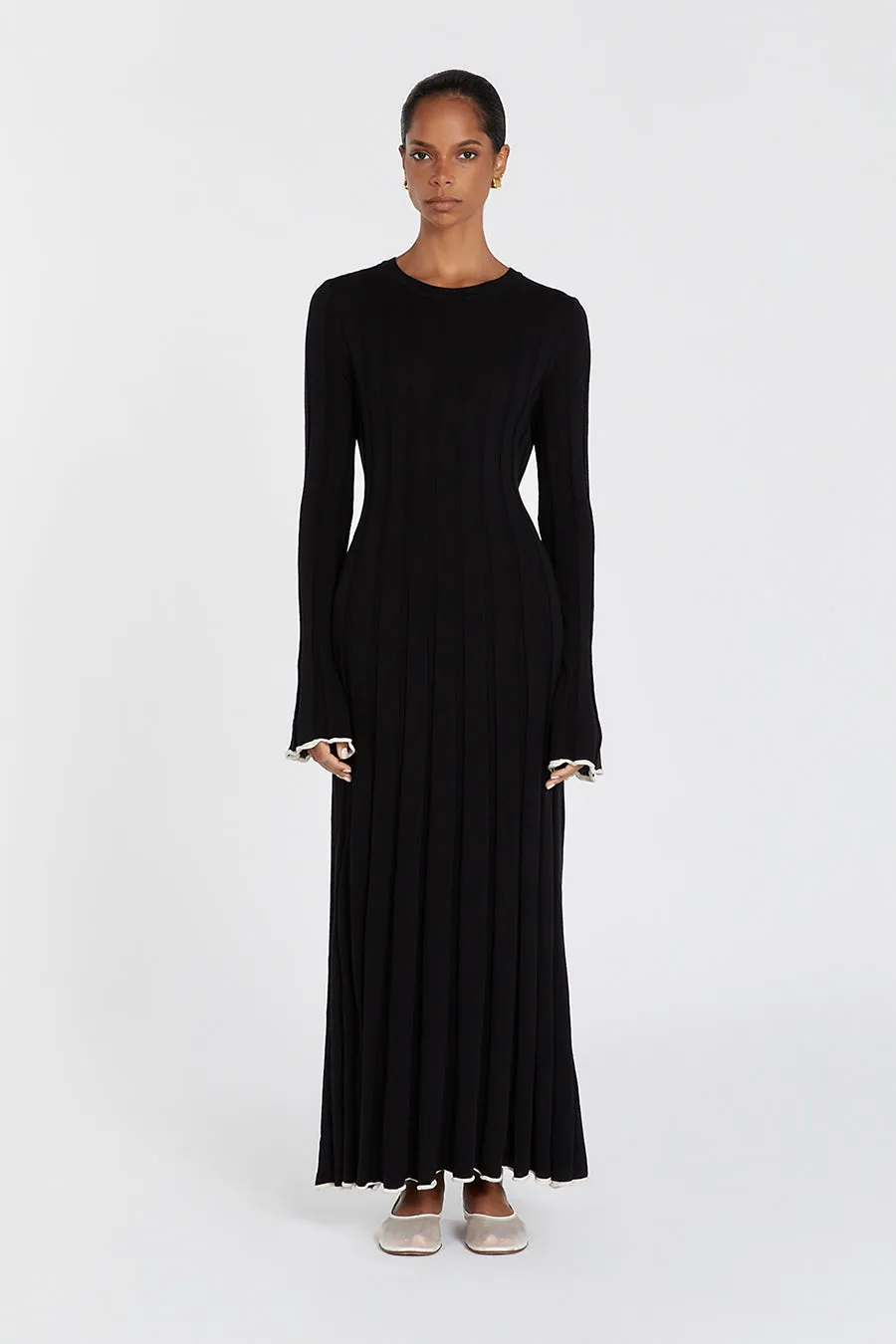 FLORA BLACK CONTRAST KNIT MIDI DRESS sold by Dissh