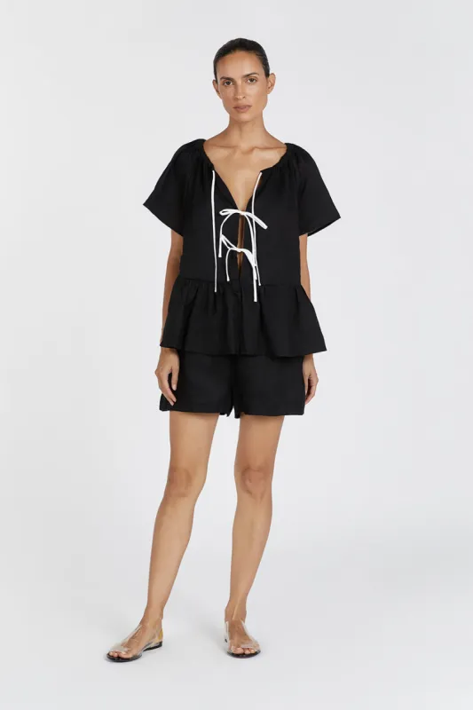 DEL BLACK LINEN SLEEVED TOP sold by Dissh