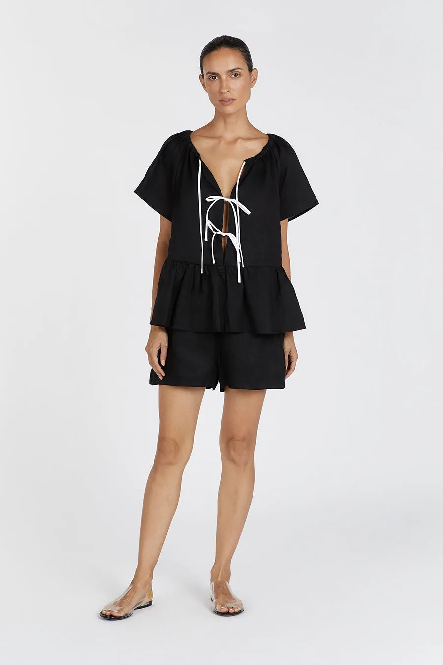 DEL BLACK LINEN SLEEVED TOP sold by Dissh