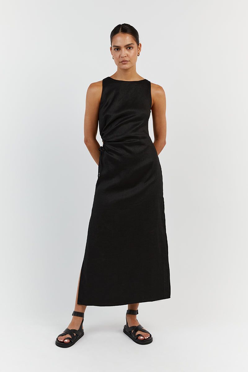 BEAU BLACK LINEN MIDI DRESS sold by Dissh