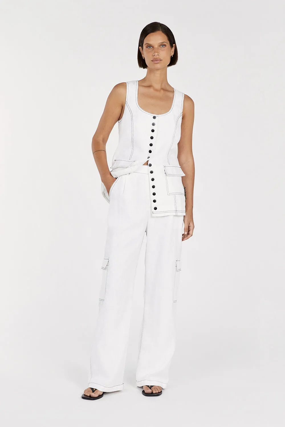 ROSIE WHITE LINEN CARGO PANT sold by Dissh