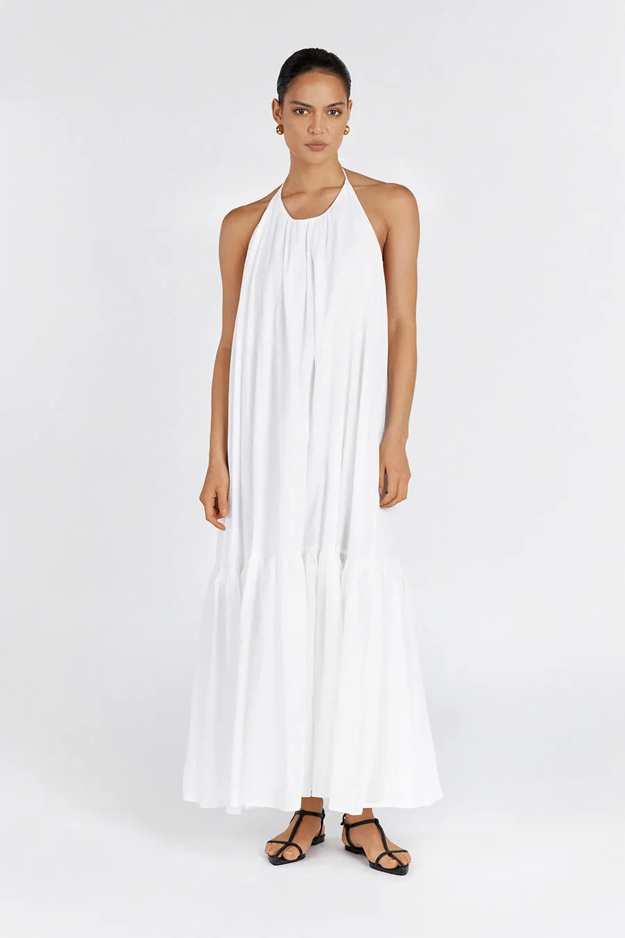 ARI WHITE LINEN HALTER MAXI DRESS sold by Dissh