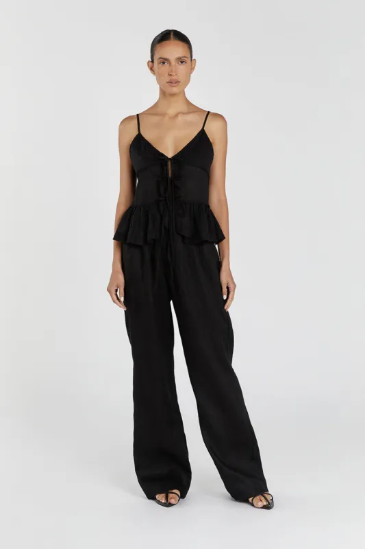 MIMI BLACK LINEN TIE FRONT TOP sold by Dissh