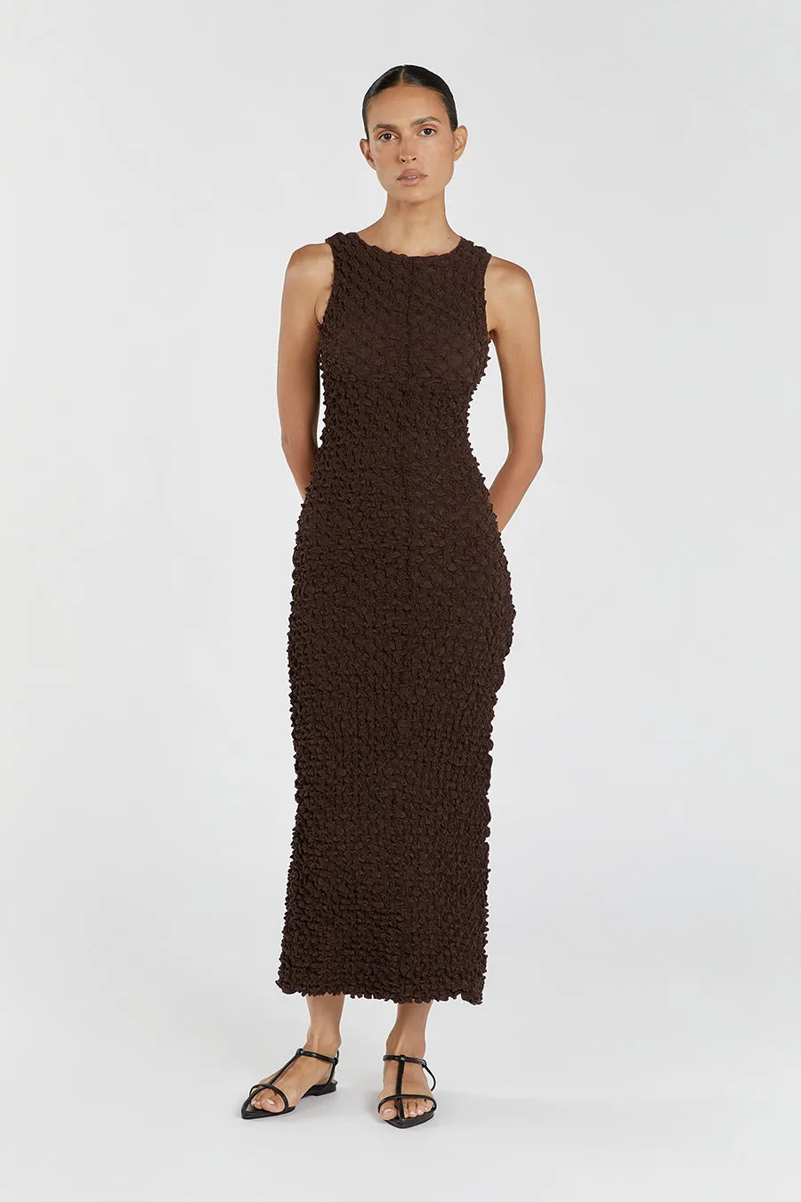 PRESLEY CHOC CREW NECK MIDI DRESS sold by Dissh