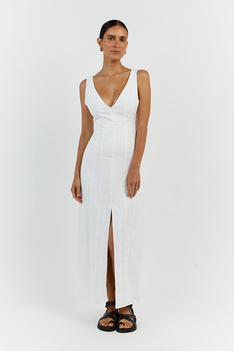 MILAHN WHITE LINEN V NECK DRESS sold by Dissh