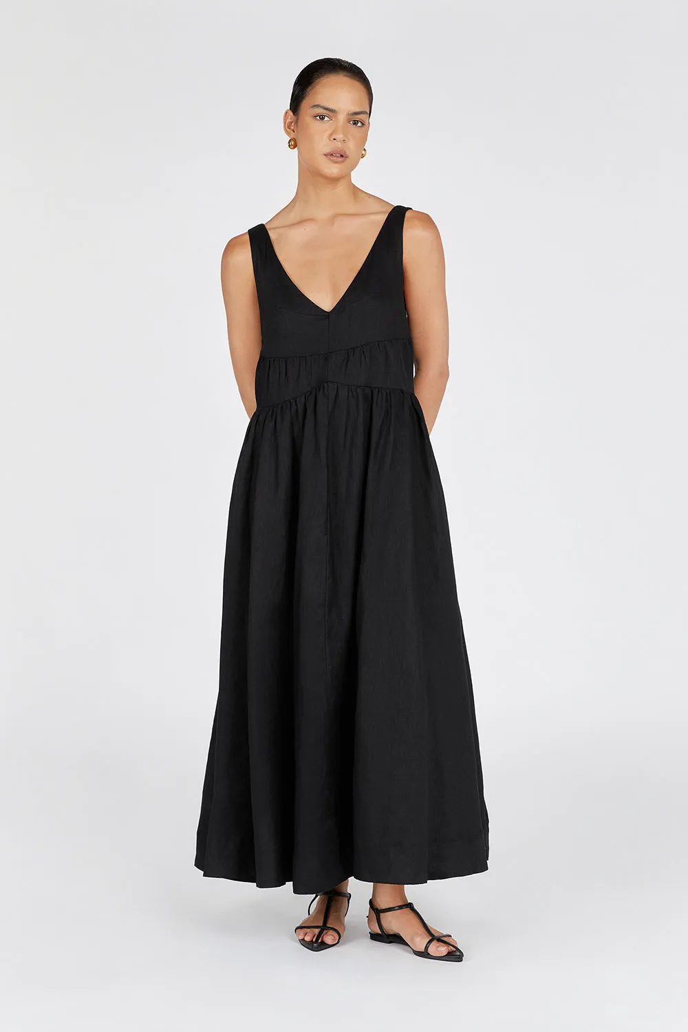 ARLO BLACK V NECK LINEN MAXI DRESS sold by Dissh