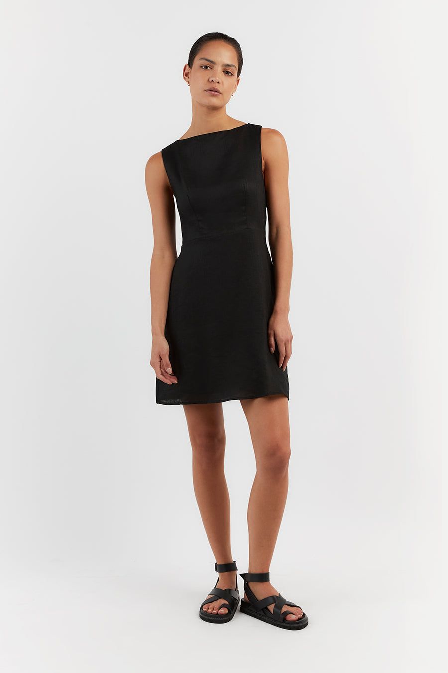 TYLA BLACK LINEN MINI DRESS sold by Dissh