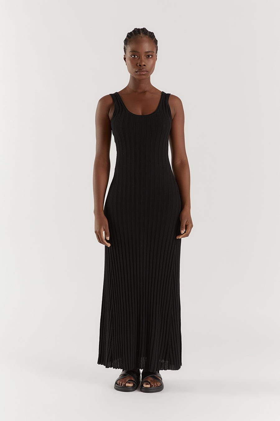 GOLDIE BLACK SCOOP MIDI DRESS sold by Dissh