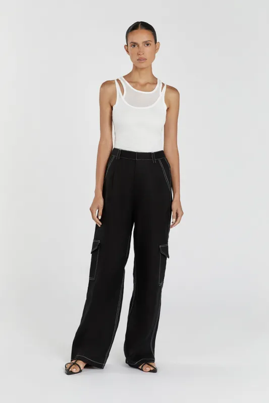 DIMITRA BLACK LINEN CARGO PANT sold by Dissh