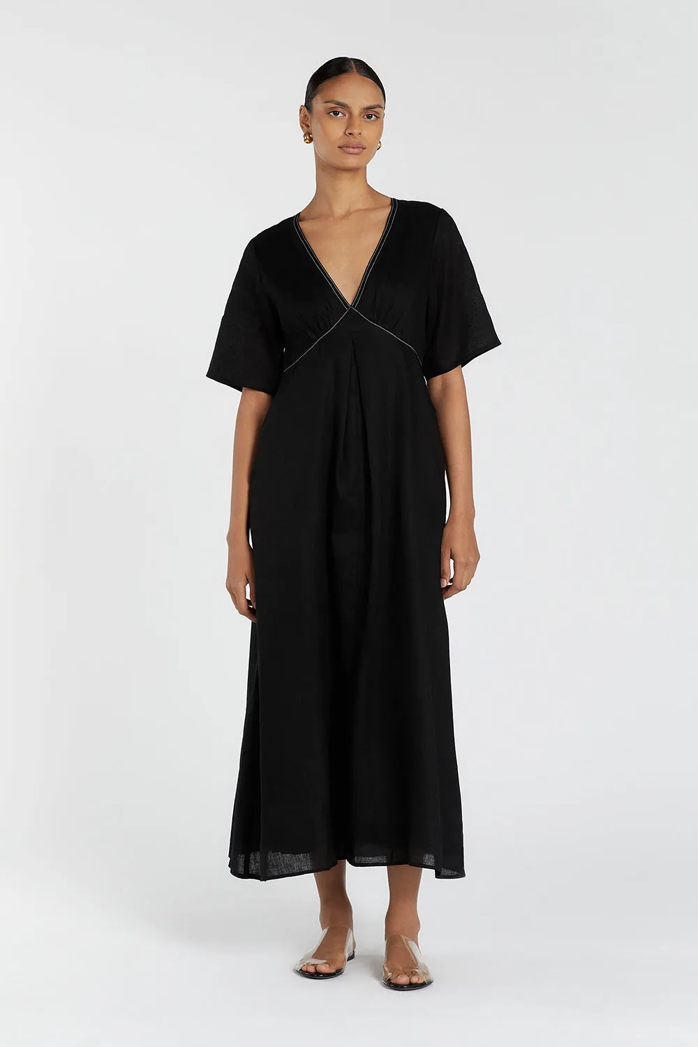 RHODES BLACK LINEN MIDI DRESS sold by Dissh