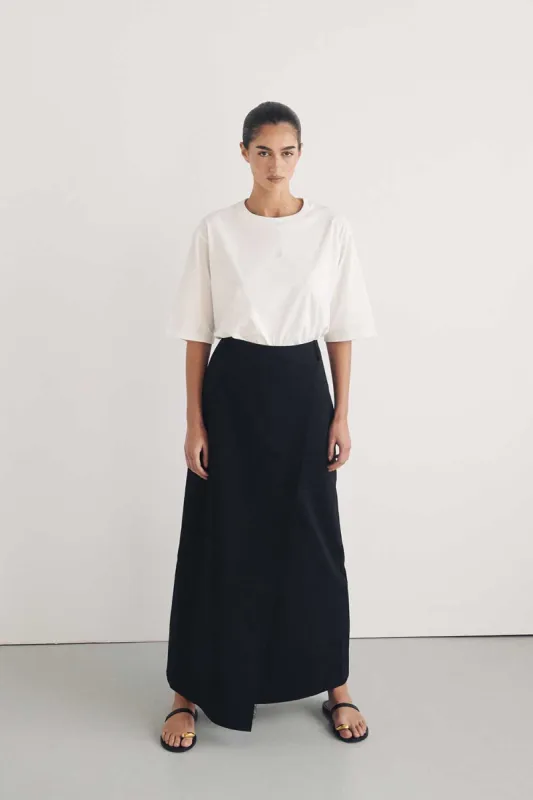 ASTOR BLACK WRAP MIDI SKIRT sold by Dissh