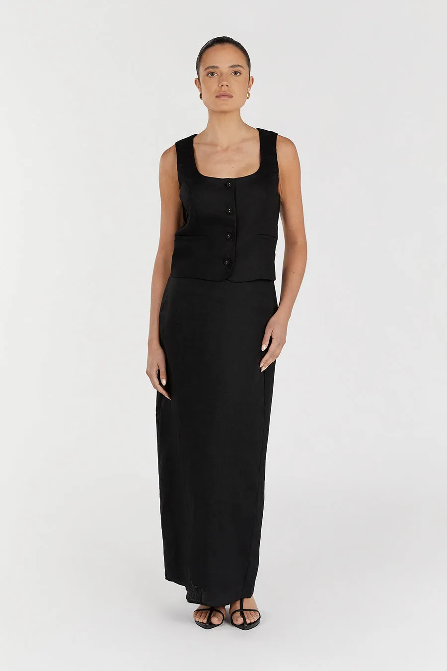 ROBERTS BLACK LINEN MIDI SKIRT sold by Dissh