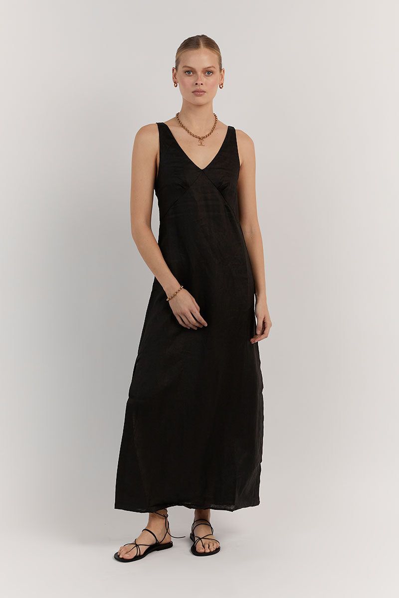 TULLY BLACK LINEN MIDI DRESS sold by Dissh