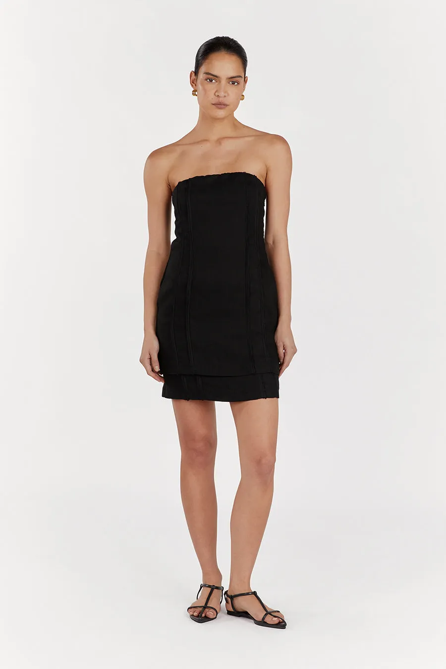 DULCE BLACK LINEN MINI DRESS sold by Dissh