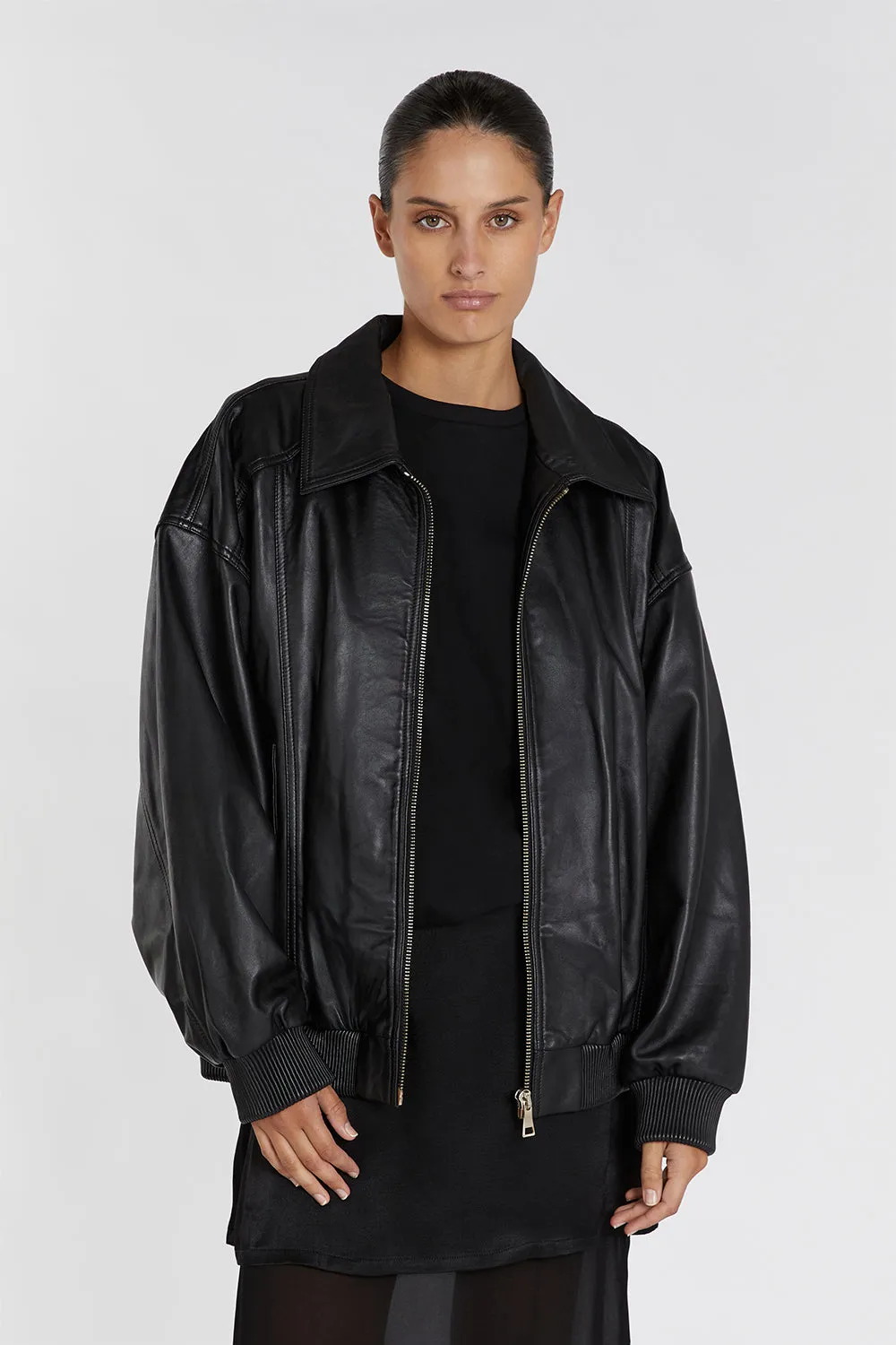 HUTTON BLACK LEATHER BOMBER JACKET sold by Dissh product image thumbnail 2