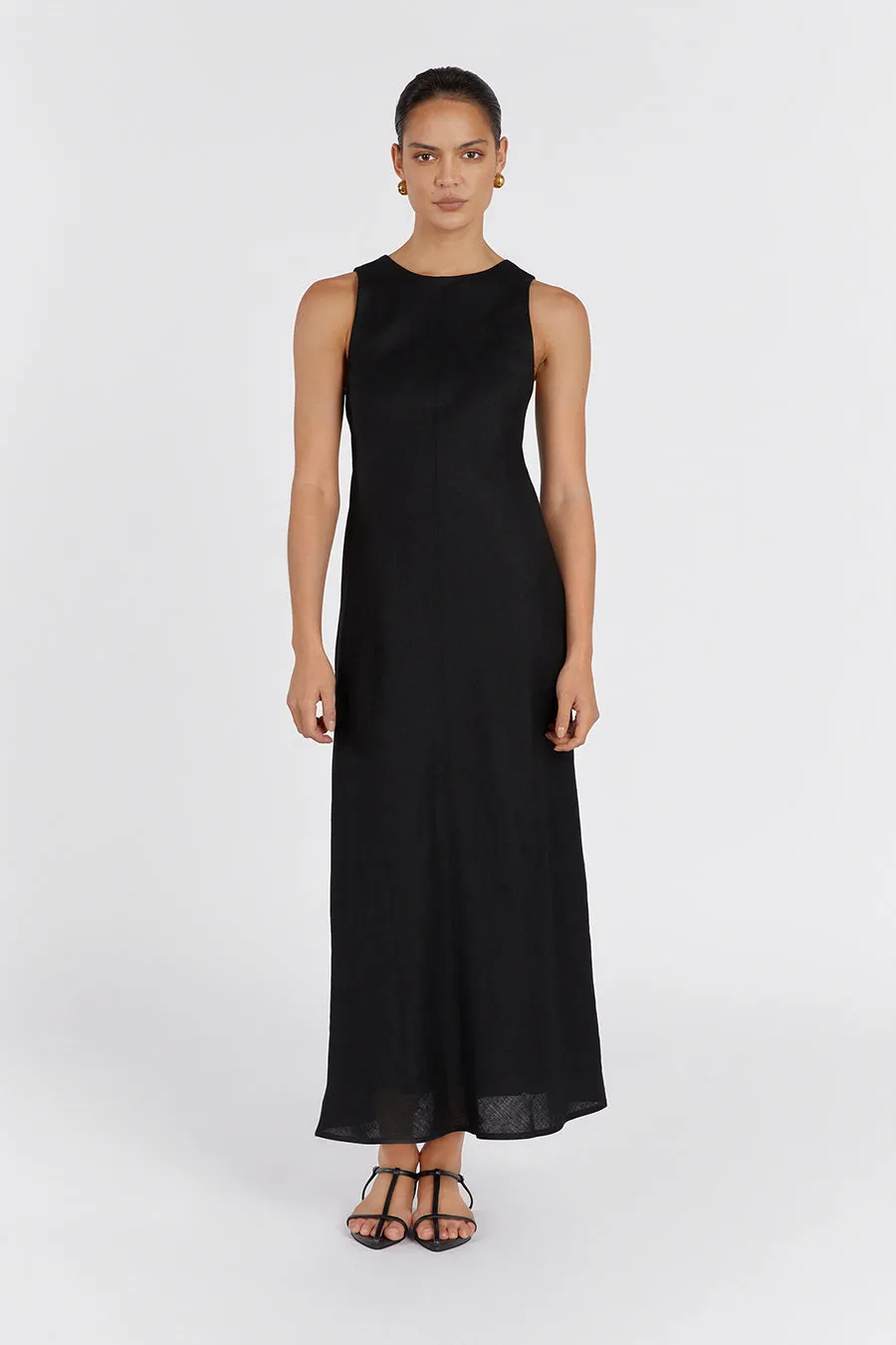MERCURY BLACK LINEN MIDI DRESS sold by Dissh