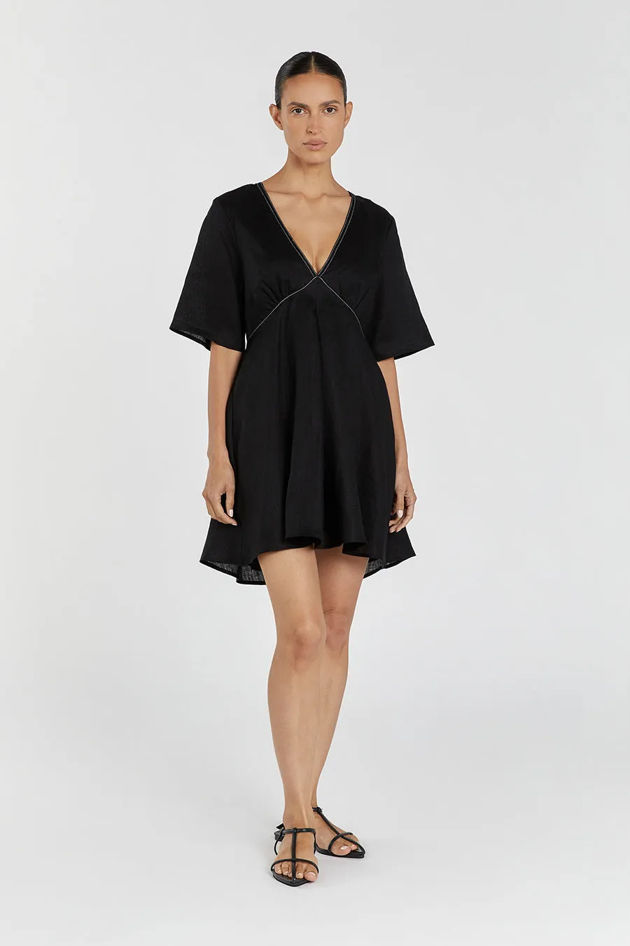 RHODES BLACK LINEN MINI DRESS sold by Dissh