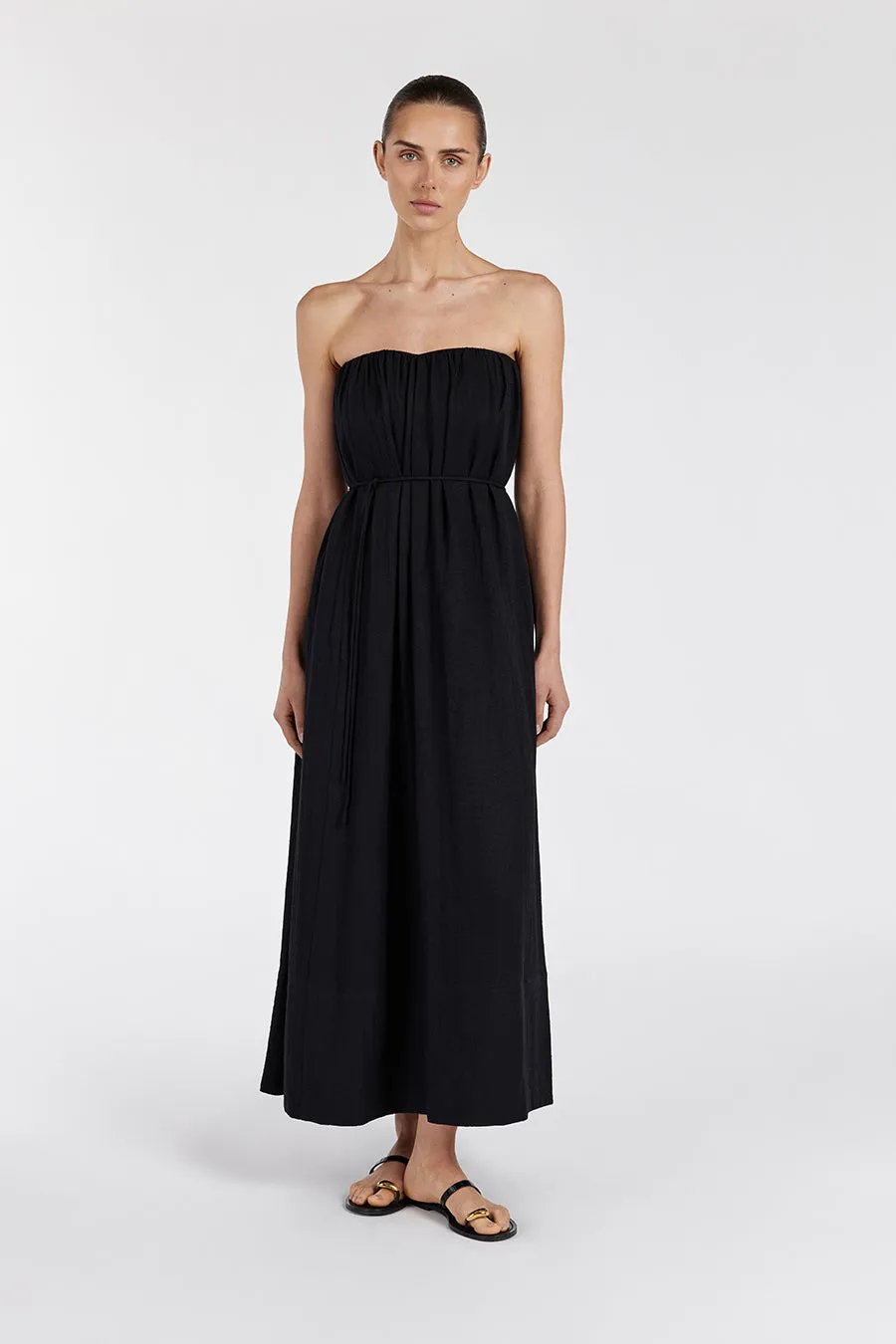 SHANIYA BLACK STRAPLESS MIDI DRESS sold by Dissh