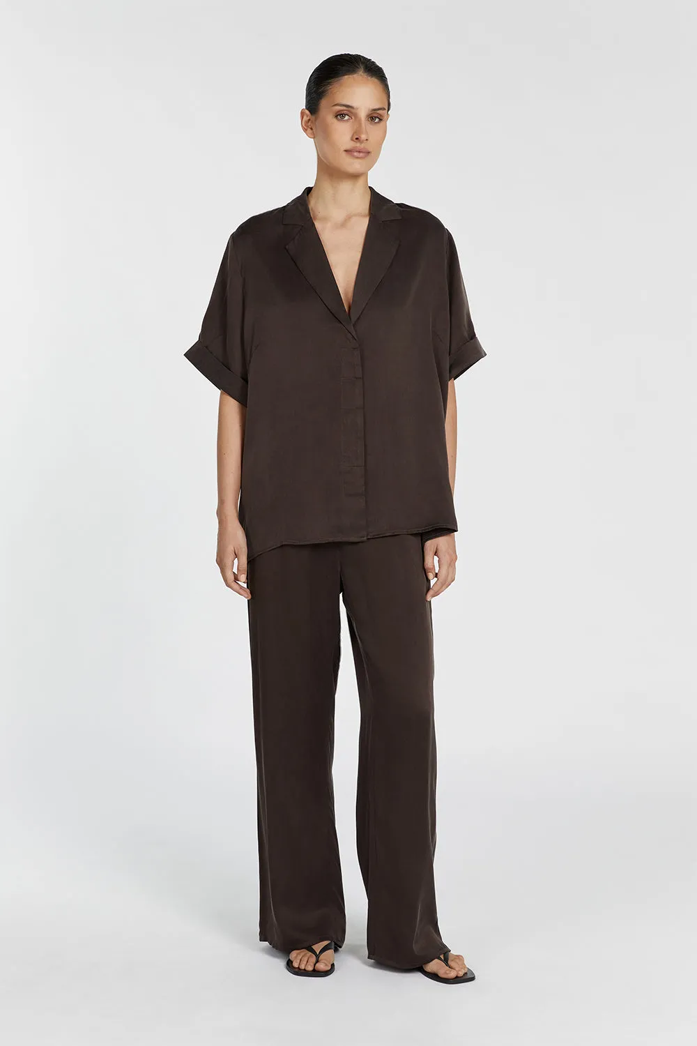 PERCY BITTER CHOC SILK PANT sold by Dissh
