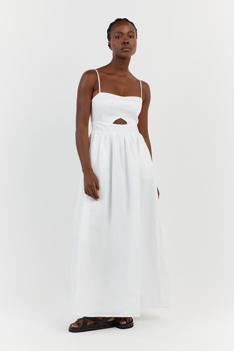 HARPER WHITE LINEN MIDI DRESS sold by Dissh