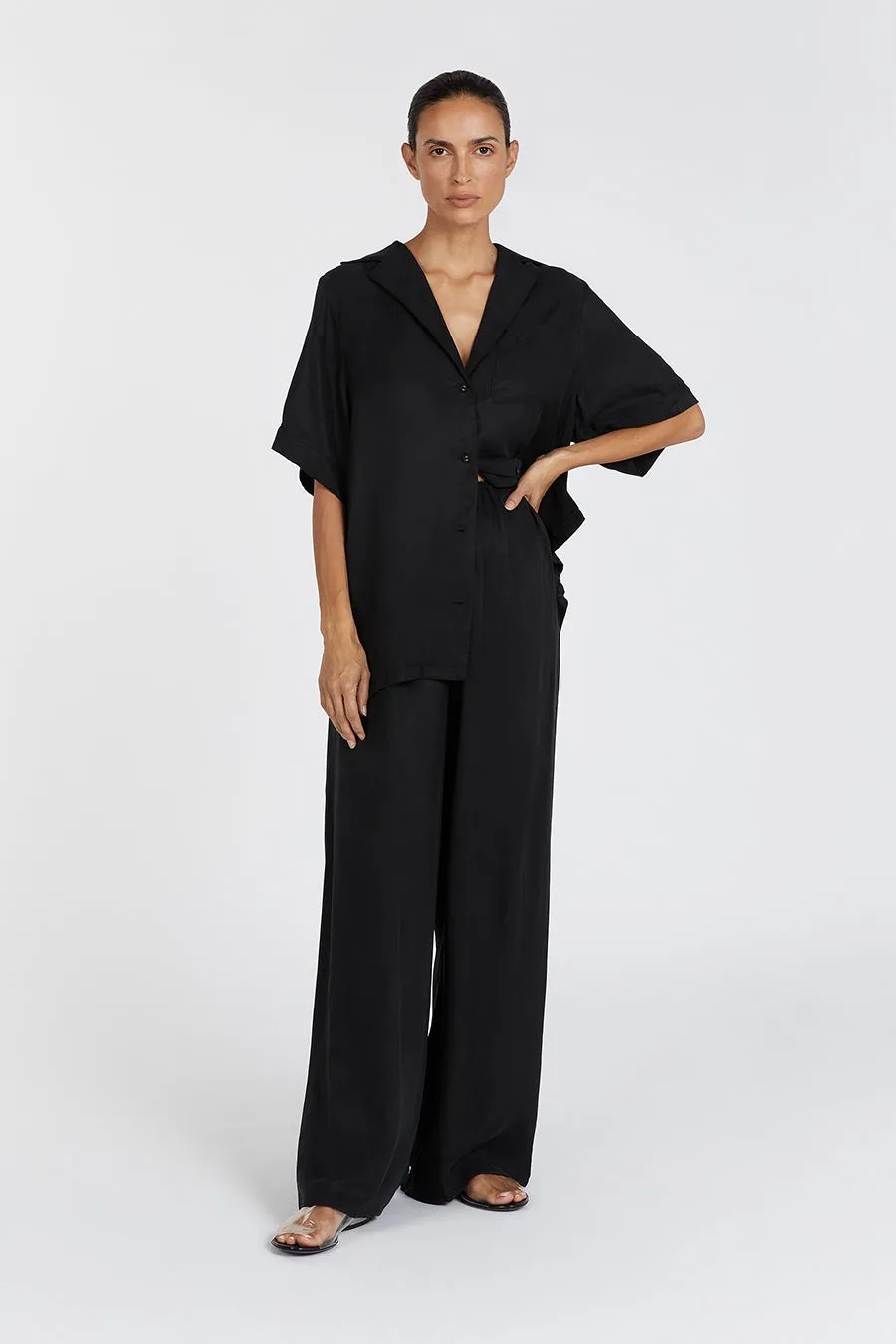 KINGSTON BLACK CUPRO WIDE LEG PANT sold by Dissh
