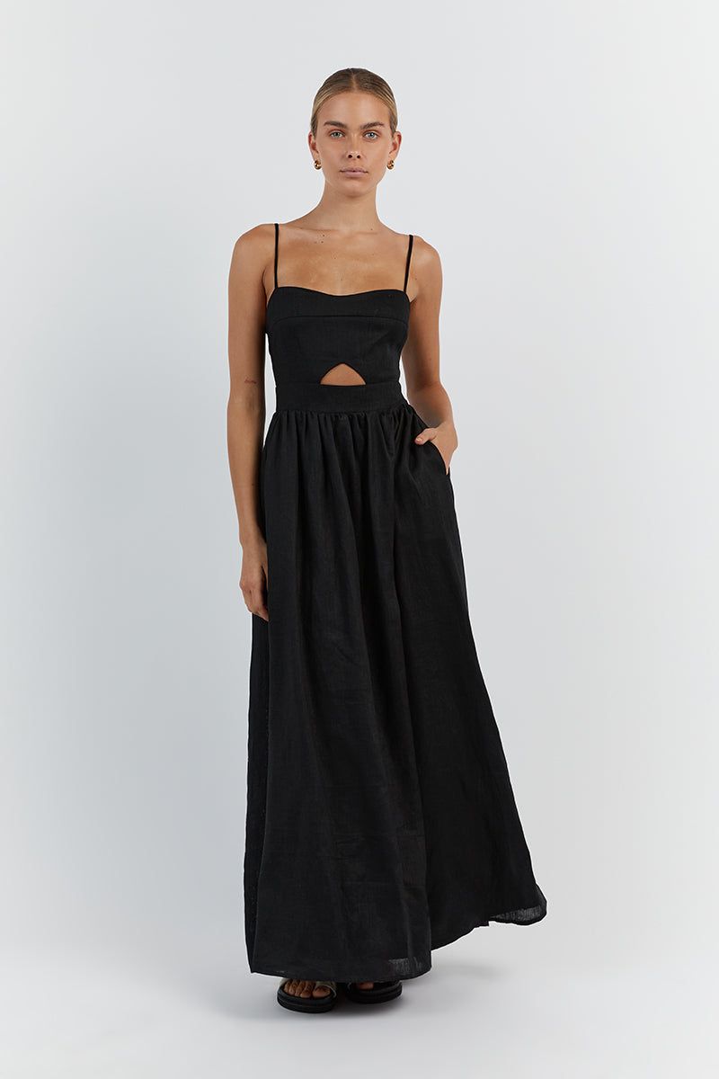 HARPER BLACK LINEN MIDI DRESS sold by Dissh