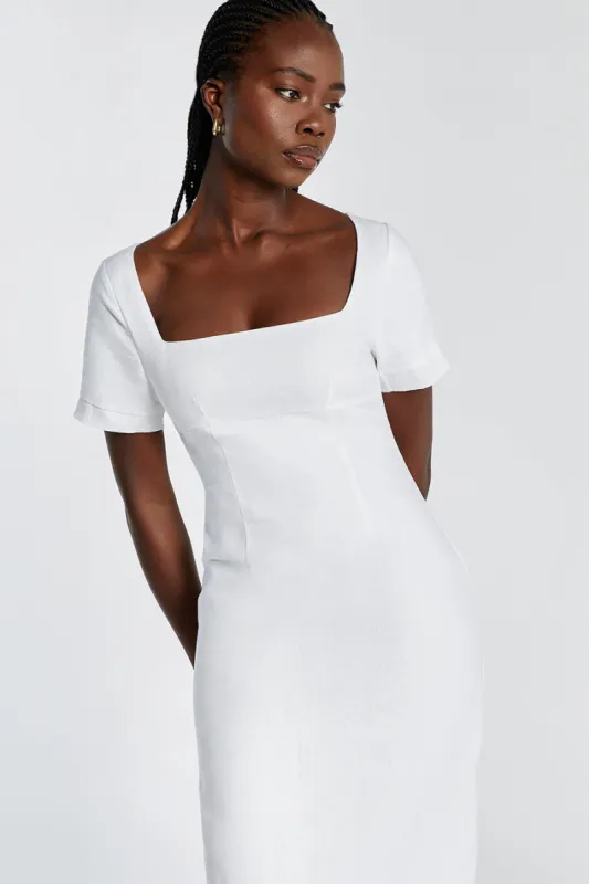 JAMIE WHITE LINEN MIDI DRESS sold by Dissh