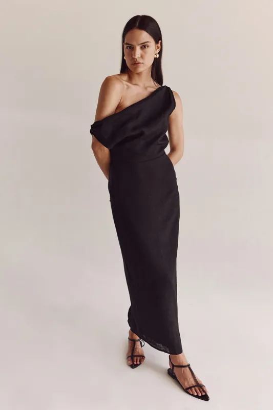 CASS BLACK LINEN ASYM MIDI DRESS sold by Dissh