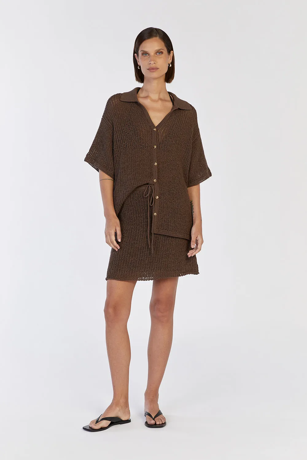 MARGOT CHOC KNIT CROCHET MINI SKIRT sold by Dissh