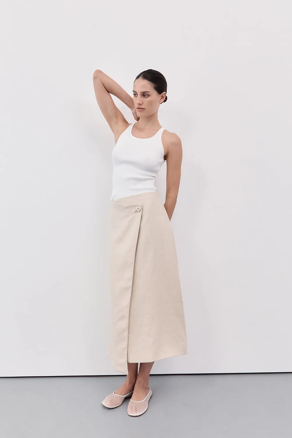 TOMMY SAND LINEN MIDI SKIRT sold by Dissh