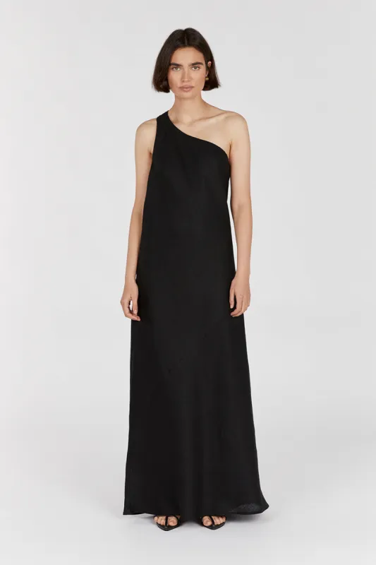 ADDISON BLACK LINEN ASYMMETRIC MAXI DRESS sold by Dissh