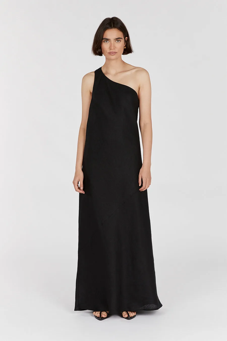 ADDISON BLACK LINEN ASYMMETRIC MAXI DRESS sold by Dissh