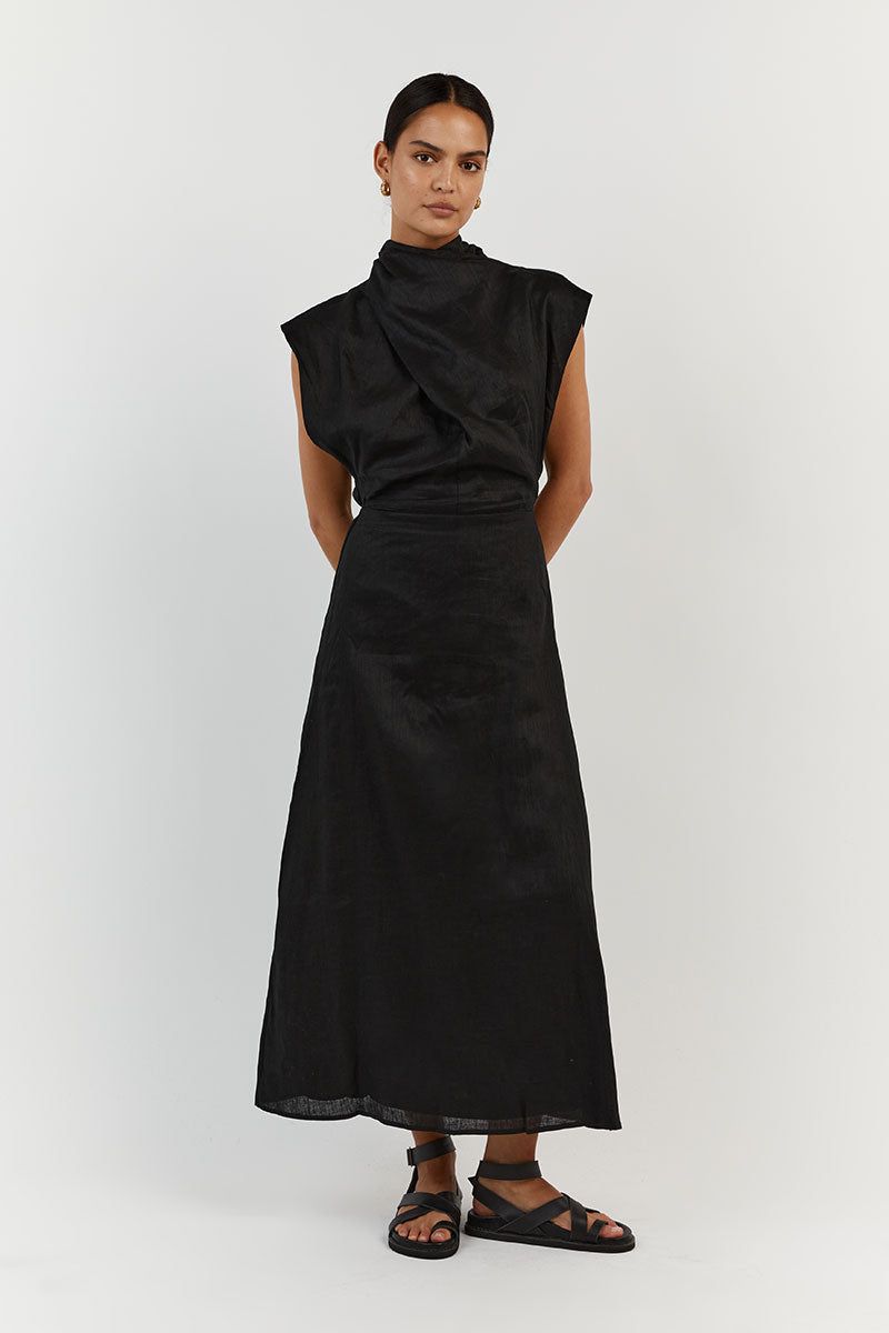 ALESSI BLACK LINEN MIDI DRESS sold by Dissh