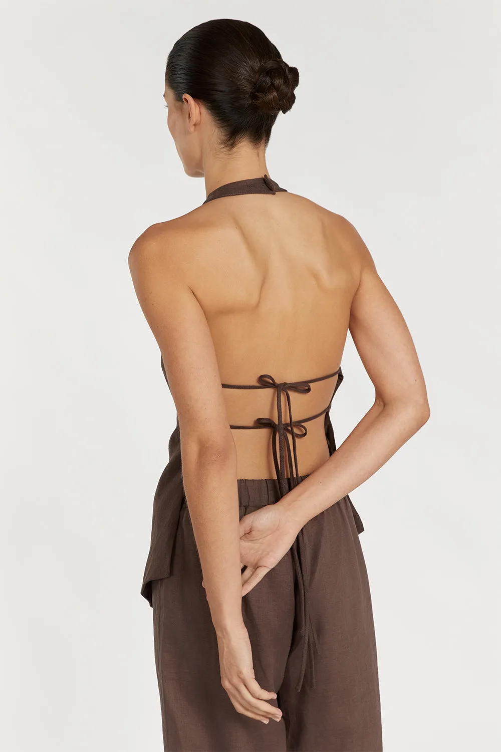 SERENA CHOC LINEN ASYM HALTER TOP sold by Dissh product image thumbnail 3
