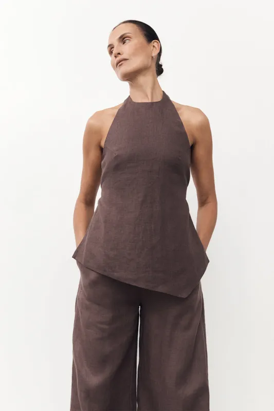 SERENA CHOC LINEN ASYM HALTER TOP sold by Dissh