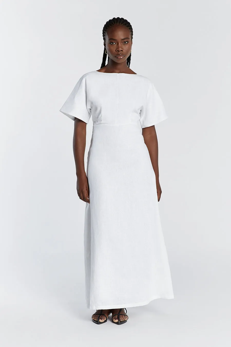 LYNDAL WHITE LINEN MIDI DRESS sold by Dissh