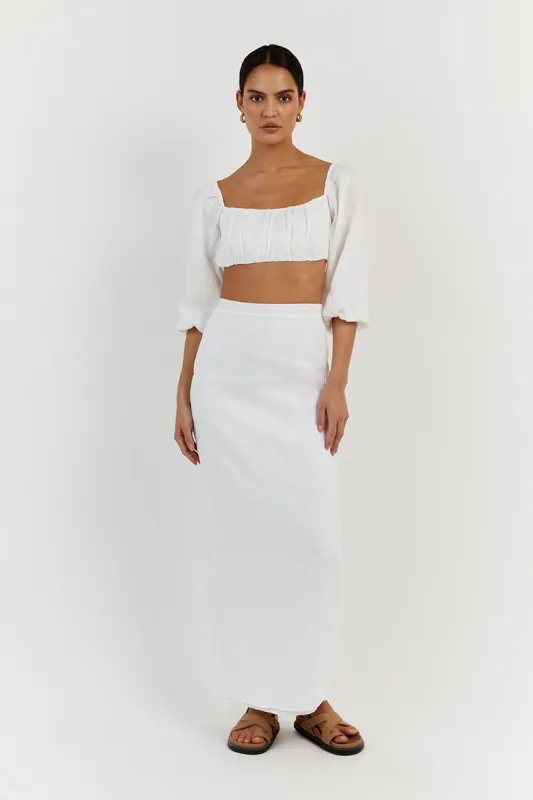 LILAH SLEEVED WHITE LINEN CROP TOP sold by Dissh