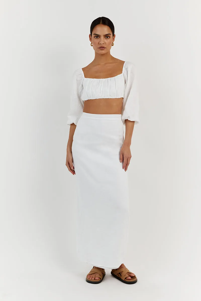 LILAH SLEEVED WHITE LINEN CROP TOP sold by Dissh