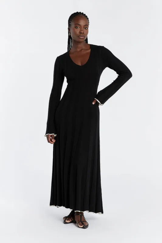 FLORA BLACK V NECK KNIT MIDI DRESS sold by Dissh