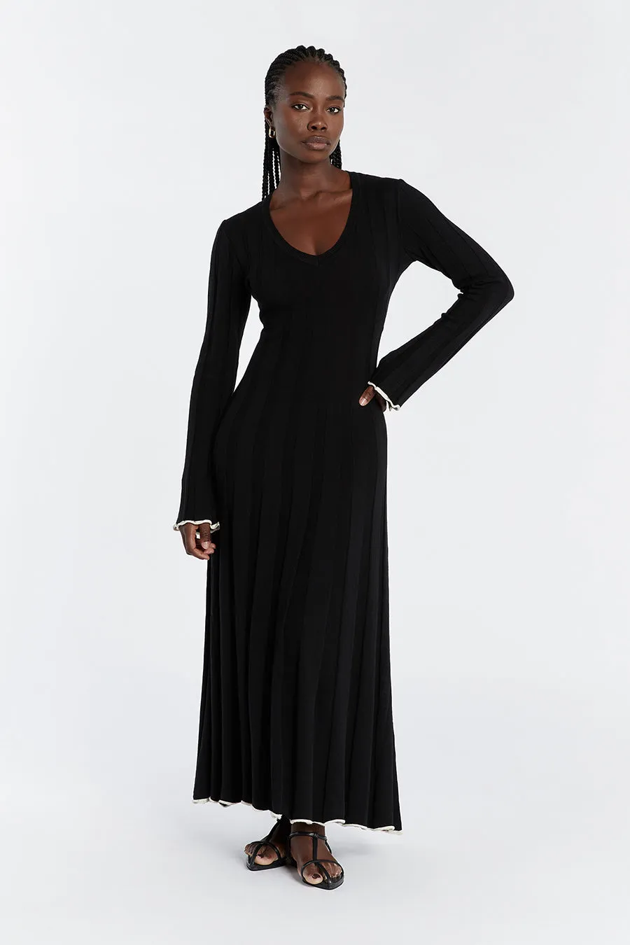 FLORA BLACK V NECK KNIT MIDI DRESS | Parallel