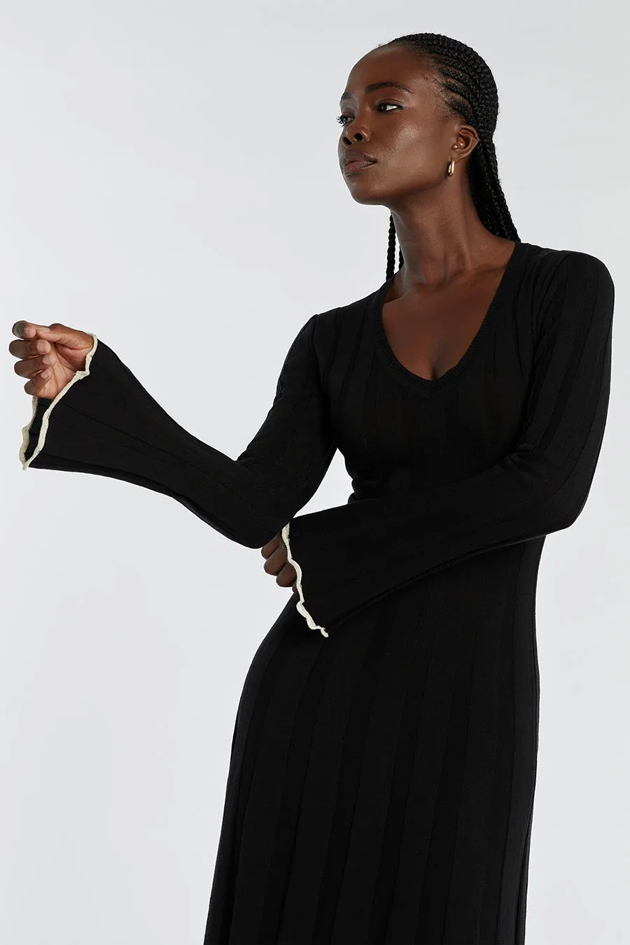 flora black contrast knit midi dress FLORA BLACK V NECK KNIT MIDI DRESS