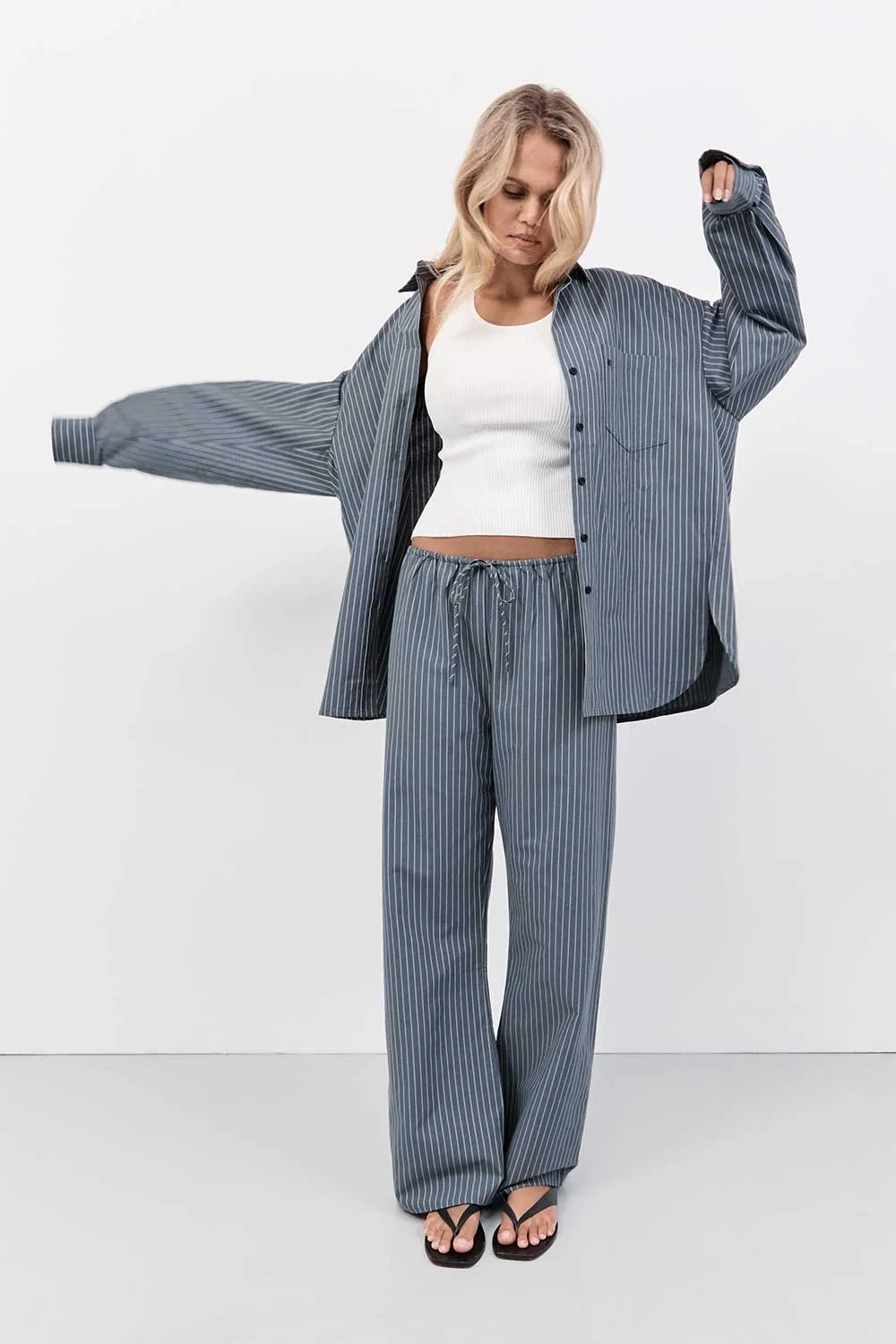 MASON SLATE STRIPE DRAWSTRING PANT sold by Dissh