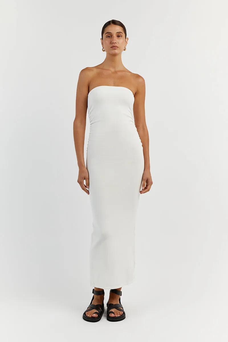 CARRIE OFF WHITE RUCHED MIDI DRESS sold by Dissh