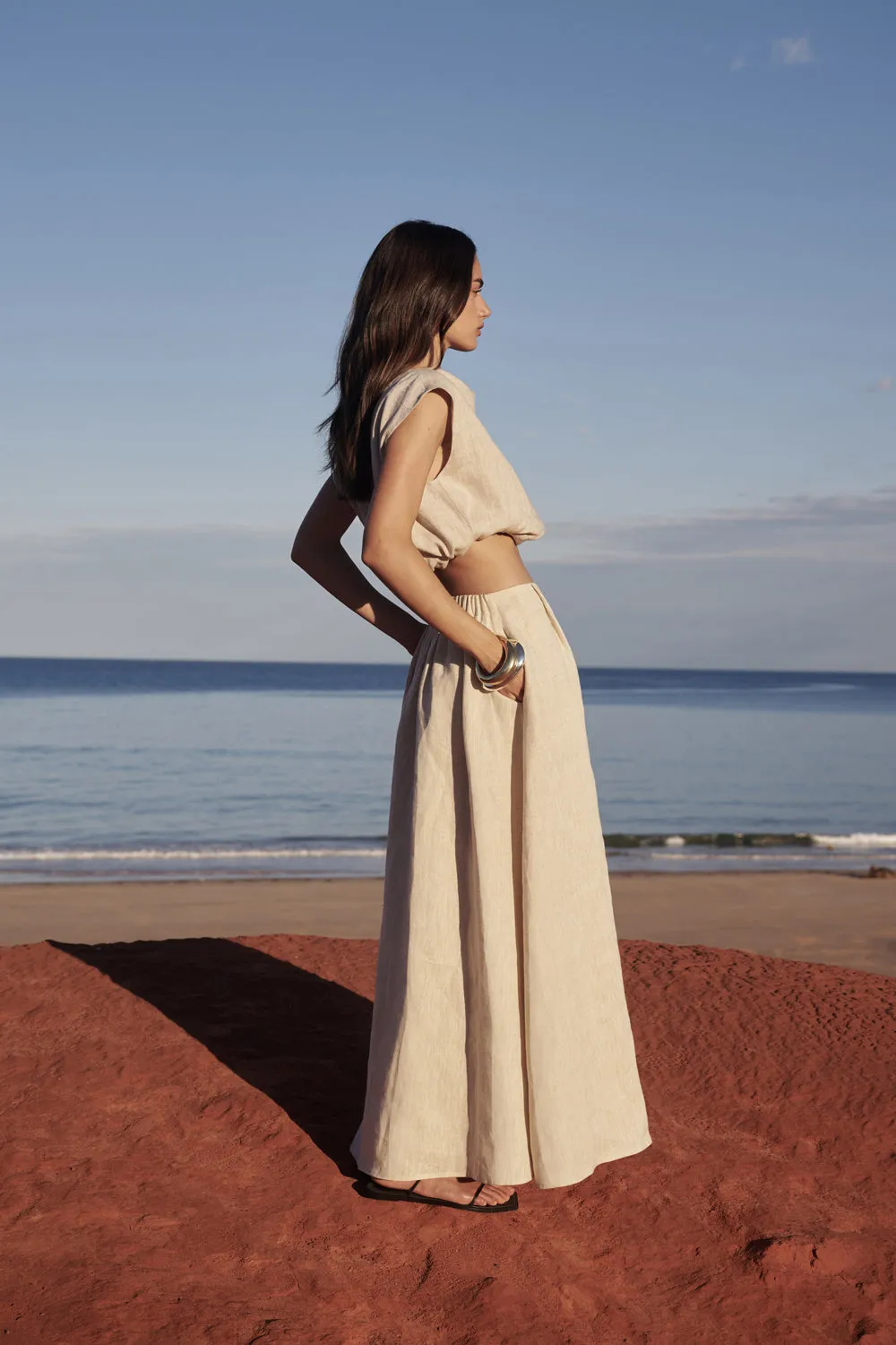 AMY NATURAL LINEN MIDI SKIRT sold by Dissh